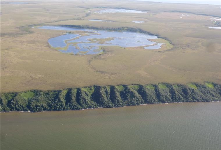AWI-Wissenschaftler beobachten erschreckende Arktis-Erwärmung Dieses Luftbild zeigt die Küste der seenreichen Permafrostlandschaft der Baldwin Halbinsel.