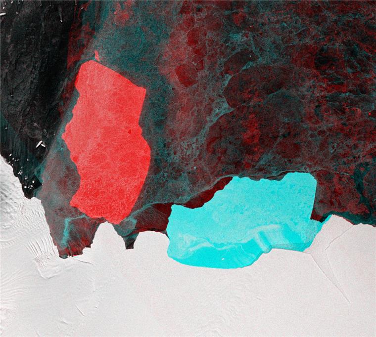 Abgebrochener Eisberg in Antarktis nimmt Fahrt auf Dieses sogenannte multitemporale Falschfarbenbild, das von der Kopernikus-Sentinel-1-Mission aufgenommen wurde, zeigt die Vorher-Nachher-Position des Eisbergs "D28". Blau zeigt den Eisberg vor dem Abbruch, aufgenommen am 20. September, in Rot ist der Ort angegeben, an dem sich der Eisberg am 19. Oktober befand.