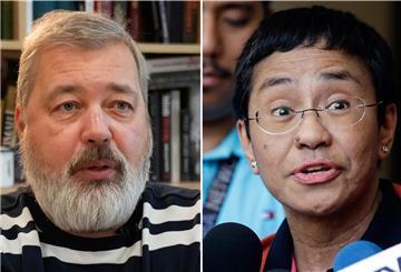Dmitri Muratow, spricht während eines Interviews mit der Agentur The Associated Press in Moskau (links, Aufnahme vom 07.10.2021). Die Chefin von Rappler, Maria Ressa, redet mit Reportern in Pasig auf den Philippinen am 29.03.2019 (r).