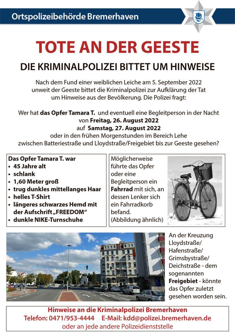 Durch dieses Plakat hofft die Polizei Bremerhaven, Hinweise aus der Bevölkerung im Fall der Geeste-Toten zu bekommen.