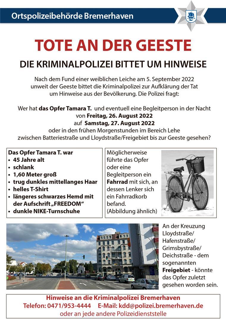 Durch dieses Plakat hofft die Polizei Bremerhaven, Hinweise aus der Bevölkerung im Fall der Geeste-Toten zu bekommen.
