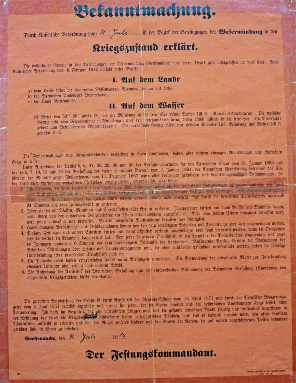 „Durch kaiserliche Verordnung ist der Bezirk der Befestigungen der Wesermündung ...