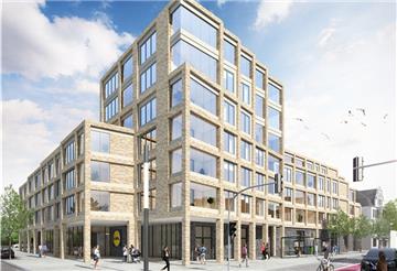 Ein architektonischer Hingucker als neue Landmarke an der Weserstraße im Zentrum von Wulsdorf. Im Erdgeschoss wird sich eine Lidl-Filiale befinden, darüber entstehen Mietwohnungen. Visualisierung: Dohm.