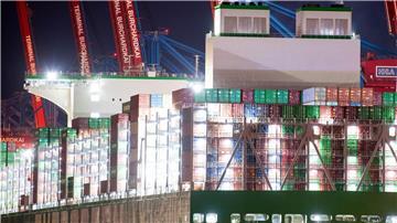Ein Containerschiff liegt in Hamburg am Containerterminal Burchardkai.
