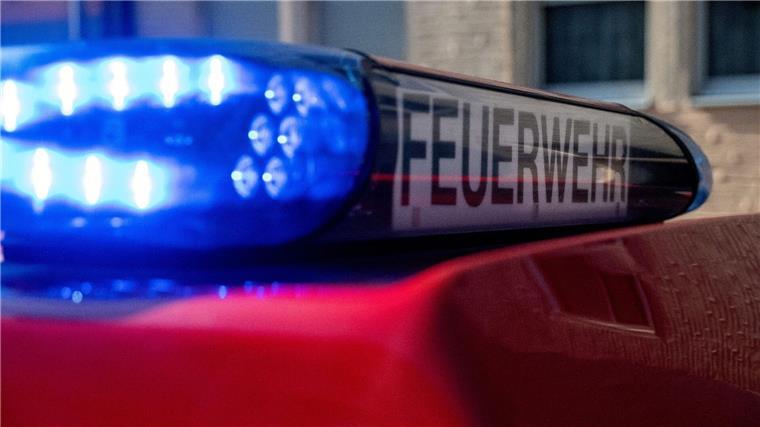 Feuerwehr rettet Pony aus Schlamm Ein Fahrzeug der Feuerwehr steht mit eingeschaltetem Blaulicht an einem Einsatzort.