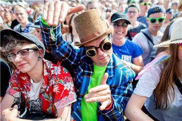 Ein Festivalbesucher mit Fliegerbrille und Hut feiert auf dem Hurricane Festival während des Konzerts der Hip-Hop-Gruppe Die Orsons. 


