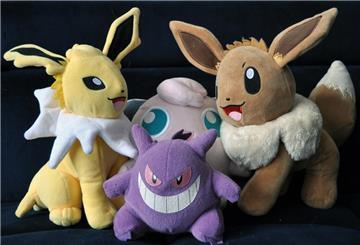 Die Pokemon-Plueschfiguren Gengar, Pummeluff, Blitza und Evoli, drapiert am 12.02.2024 im Celler Atelier Allernixe. Die Pokemon-Zeichnerin Midori Harada wohnt in Celle und hat fuer jedes dieser Pokemon bereits mindestens eine Sammelkarte gezeichnet. Die Japanerin schaetzt die Ruhe und das Ambiente der Residenzstadt und lebt gerne umgeben von Fachwerkhaeusern und fernab von japanischen Grossstaedten. (Siehe epd-Bericht vom 20.02.2024) - ACHTUNG: VEROEFFENTLICHUNG DES FOTOS NUR IM ZUSAMMENHANG MIT