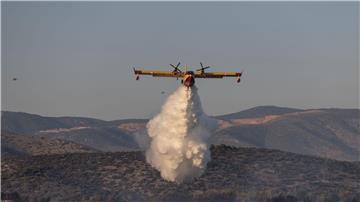 Ein Flugzeug versucht einen Waldbrand zu löschen.