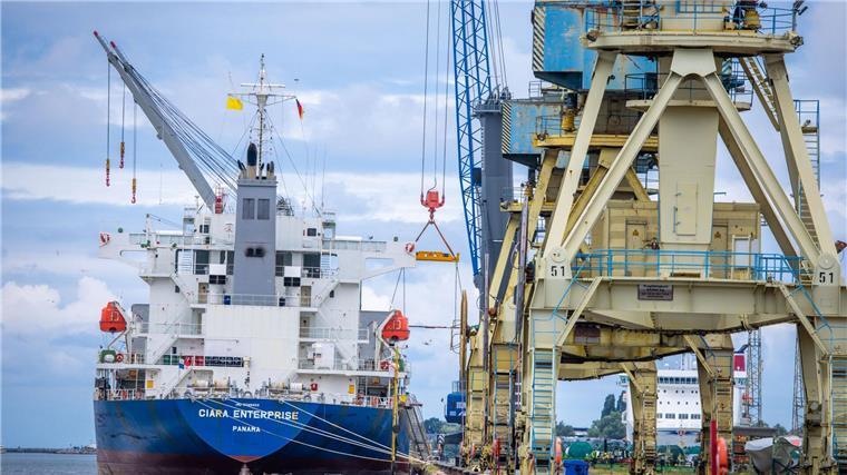 Küstenländer wollen Offshore-Erlöse für Seehäfen nutzen Ein Frachtschiff wird im Rostocker Seehafen beladen. (Archivbild)