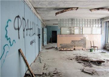 Ein leeres Verwaltungsgebäude in der nach der Atomkatastrophe von Tschernobyl aufgegebenen Kleinstadt Prypjat.
