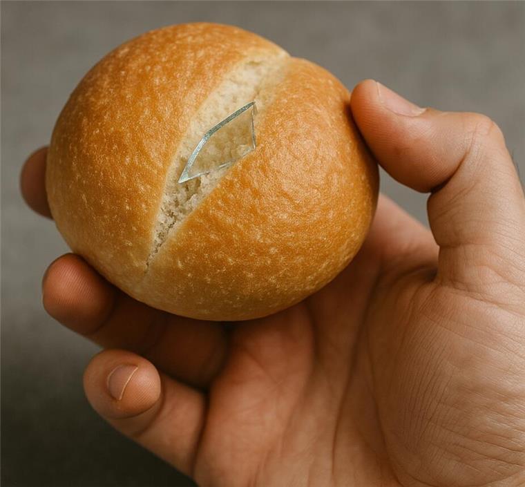 Ein Mann hält ein Brötchen in der Hand. In dem Brötchen befindet sich eine Glasscherbe. 