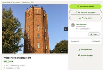 Anzeige auf Kleinanzeigen. Wasserturm für 450.000 Euro.
