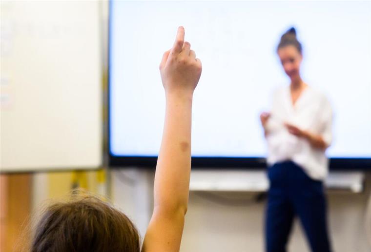 Ein Schüler meldet sich per Handzeichen in einem Klassenraum.