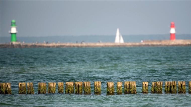 Ein Segelboot kreuzt zwischen den Molen von Warnemünde am Samstag bei warmem, sonnigen Wetter.