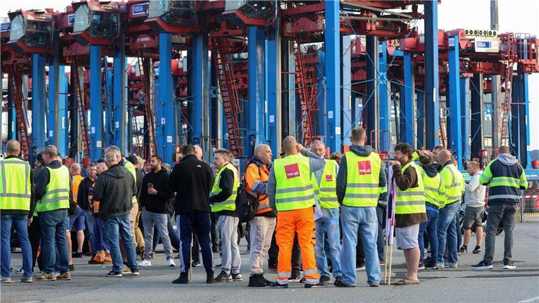 Ein Warnstreik im Hamburger Hafen. 