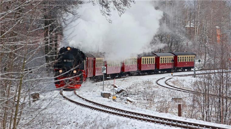 Ein Zug der Harzer Schmalspurbahnen fährt am Bahnhof Drei-Annen-Hohne ab.