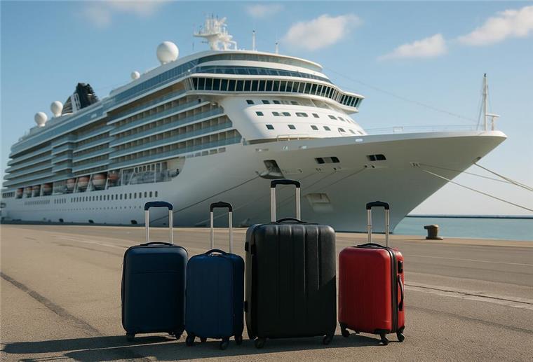 Koffer stehen vor einem Kreuzfahrtschiff.