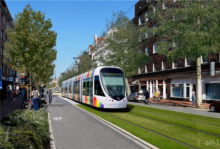 Verkehrsplaner meint: Die Straßenbahn lohnt sich nicht Straßenbahn auf einem Rasengleis, Visualisierung