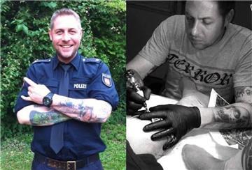 Links steht ein Polizist, recht ist der selbe Mann mit einer Tätowiermaschine zu sehen.