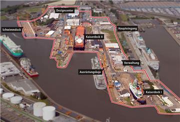 Eine Werft ohne Flächen: Die 260.000 Quadratmeter große Betriebsfläche (rot umrandet) war 2012 aus dem Werftvermögen ausgegliedert worden. Diese Vermögenswerte befinden sich in einer Besitzgesellschaft, die immer noch Genting gehört. Ohne sie ist der Verkauf und damit die Rettung der Werft unmöglich.