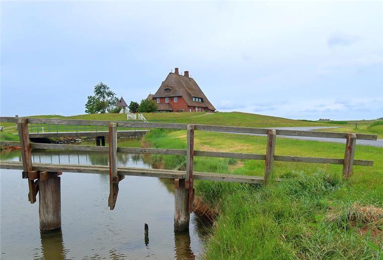 Kirchwarft, Brücke, Reetdachhaus
