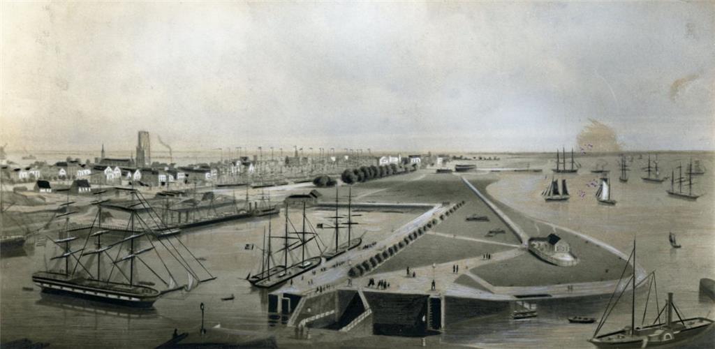 Einfahrt zum Neuen Hafen mit Schleuse um 1852. Foto NZ-Archiv
