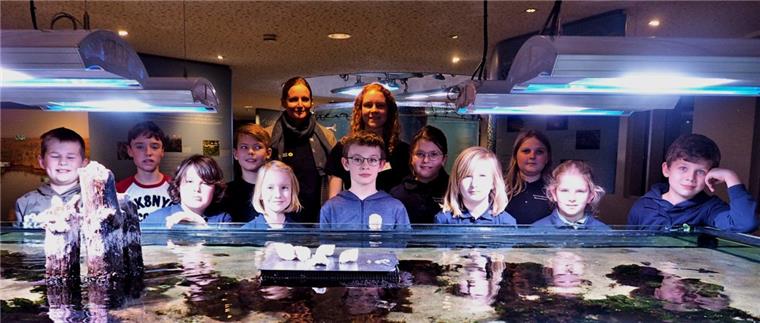Einige sind schon „Junior Ranger“, andere werden es bald sein. Hier zeigen sich alle Teilnehmer vor dem großen Aquarium zusammen mit Eva Starke (hinten links), der Leiterin des Nationalparkhauses, und Johanna Görking, die ein Freiwilliges Ökologisches Jahr absolviert.