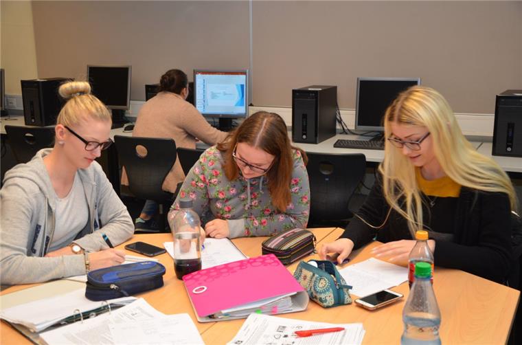 Einzeln und in Gruppen arbeiten die Schüler an Themen. Zur Recherche stehen Bücher und das Internet zur Verfügung.