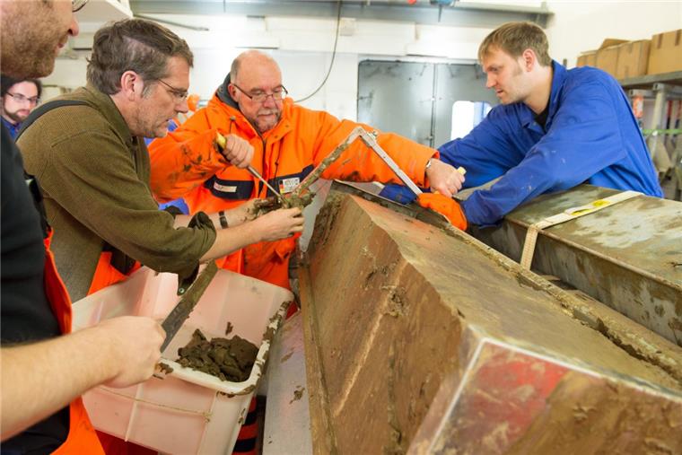 Wichtige Ergebnisse für die Klimaforschung Fahrtleiter Prof. Rüdiger Stein (Mitte) und sein Team begutachten im "Polarstern"-Labor den am Lomonossow-Rücken geborgenen Sedimentkern.
