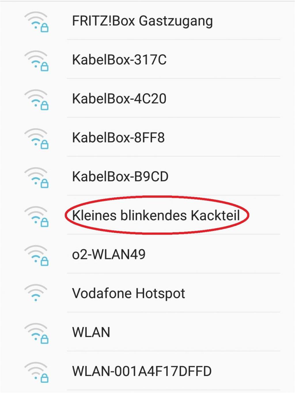 Falls jemand sich fragt, wie das Ding heißt, aus dem das WLAN entspringt: &quot;Kleines blinkendes Kackteil&quot;. - Screenshot: Gassner