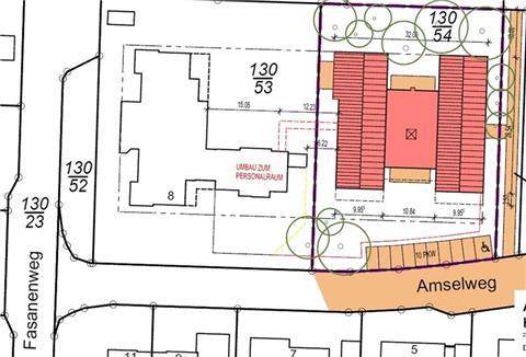Fast 630 Quadratmeter groß wird der Kita-Neubau neben dem bereits bestehenden Kindergarten Fasanenweg in Tarmstedt. In dem Bereich, der in der Zeichnung rot markiert ist, entsteht neuer Platz für Kinder.