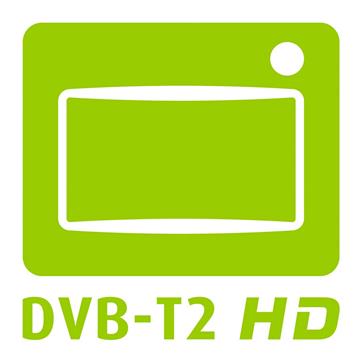 Fernseher und Empfänger, die dieses Logo tragen, erfüllen die Anforderungen des neuen Antennenfernsehens DVB-T2 HD.