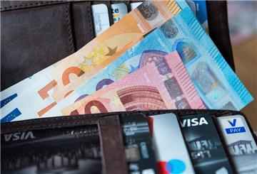 Zahlreiche Banknoten und Bankkarten liegen in einer geöffneten Geldbörse. 