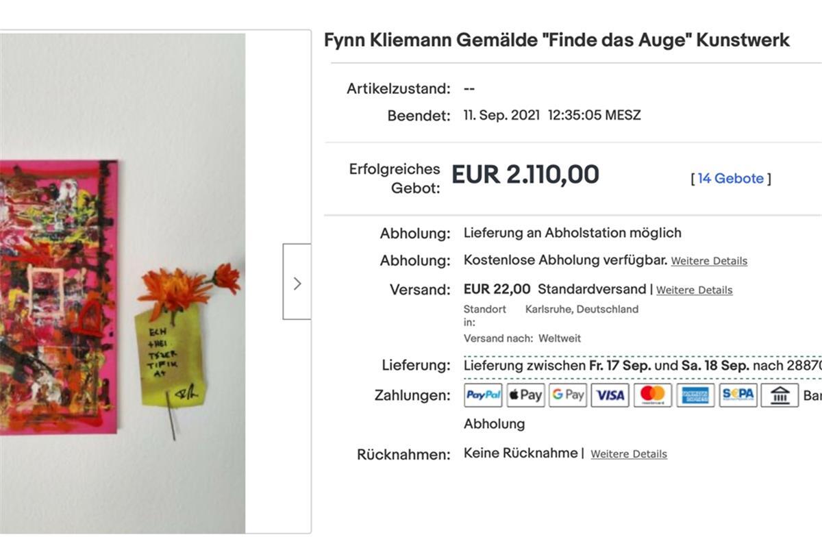 490 Prozent Gewinn: Gemälde von Kliemann in Ebay weiterverkauft „Finde das „Auge“ bringt es auf 2110 Euro.