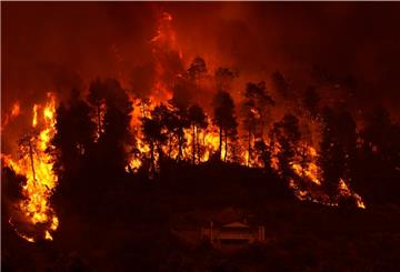 Flammen nähern sich dem Dorf Gouves auf der Insel Euböa, etwa 185 Kilometer nördlich von Athen. Erstmals seit Beginn der Waldbrände auf der Insel Euböa Anfang der Woche sind dort massive Lufteinsätze gegen die Flammen geflogen worden. 