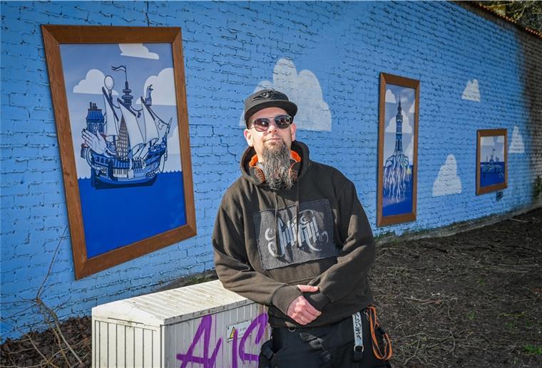 Florian Eybe hat am Parkplatz an der Stormstraße/Lessingstraße eine Hauswand gestaltet.