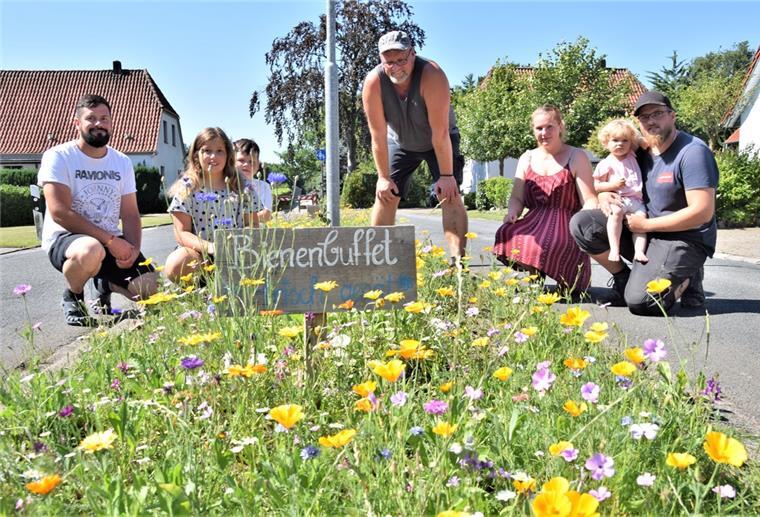Nordenham: Anwohner verwandeln Straßenbeet in blühende Wiese Freuen sich über den neuen Blickfang in ihrer Straße (von links): Tobias Edzards, Fiona Edzards, Adrian Edzards und Karl-Heinz Tietz sowie Alina Schreiber und Frerk Tietz mit Tochter Jonna.