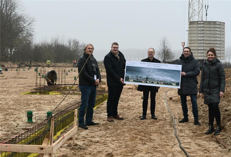 Eine Menschengruppe hält ein Plakat auf einer Baustelle hoch.