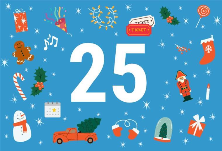 Türchen 25: Tickets für das Stadttheater Bremerhaven Die Zahl 25 auf blauem Hintergrund mit weihnachtlichen Motiven.