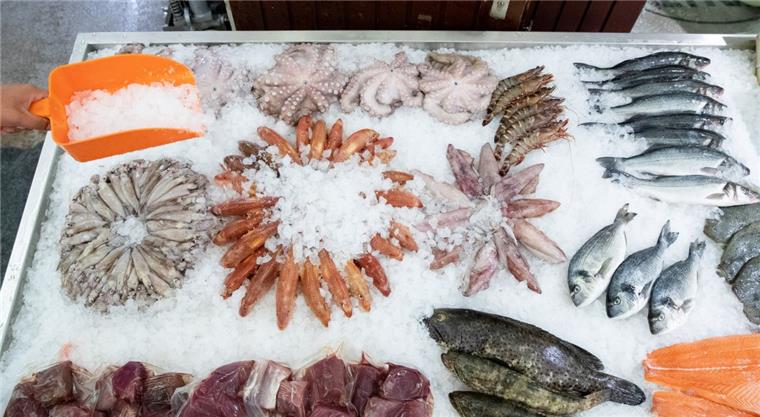 Die Deutschen essen mehr Fisch Frischer Fisch und andere Meeresfrüchte liegen auf einem Verkaufstisch im Fischmarkt Hamburg Altona.