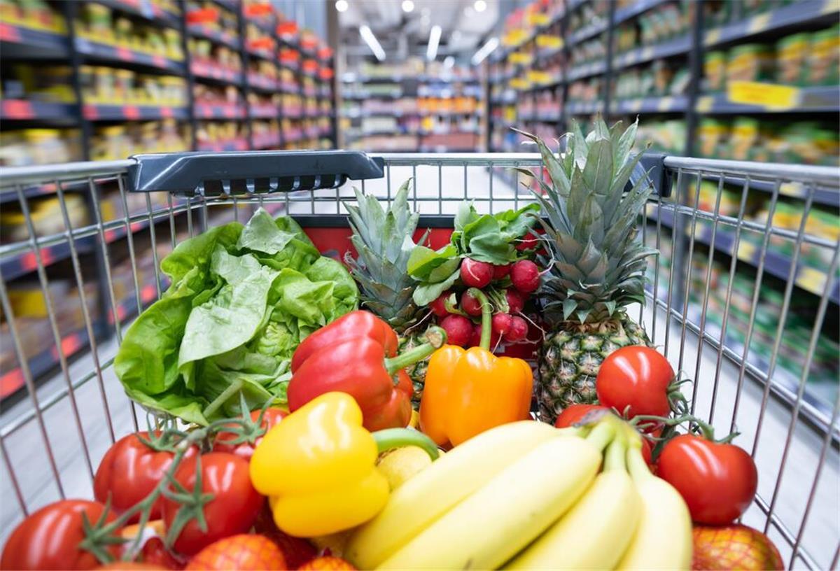 Dosenobst vs. Frischware: Wie viele Vitamine bleiben erhalten? Obst und Gemüse liegt in einem Einkaufswagen.