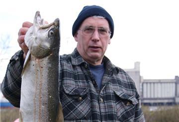 Gert Rosenbohm mit einem selbst gefangenen Lachs. Lachse kommen in der Weser inzwischen wieder gelegentlich vor. Viele Arten, die typisch für den Unterlauf des Flusses waren, sind dagegen verschwunden oder sehr selten geworden.
