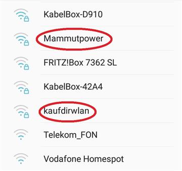 Gleich zwei schöne Namen an einem Ort: &quot;Mammutpower&quot; verspricht wohl extrem schnelles Internet und &quot;kaufdirwlan&quot; soll Schnorrer in ihre Schranken weisen. - Screenshot: Overschmidt