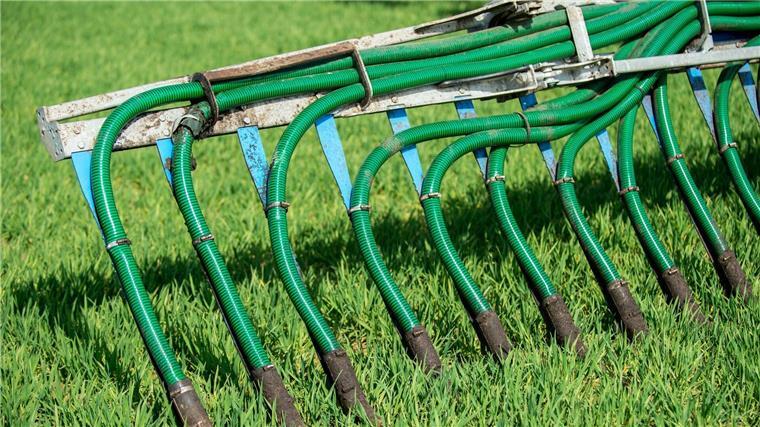 Gülle als organisches Düngemittel von einem Traktor mit Schleppschlauchverteiler ausgebracht.