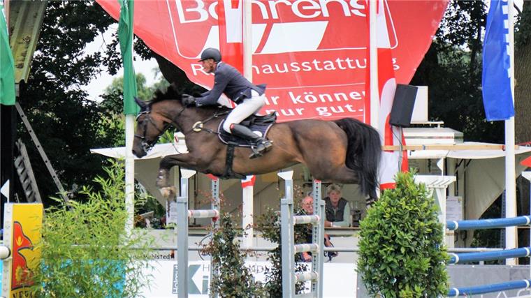 Endspurt für die Elmloher Reitertage Hilmar Meyer vom Reit- und Rennverein Schwarme mit King Clooney in der 1. Qualifikation zum Großen Preis.