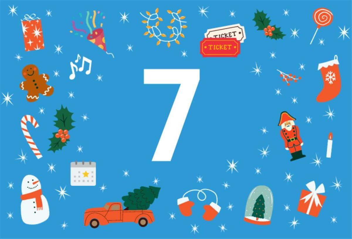 Türchen 7: Familien-Tageskarte für das Museum „Windstärke 10“ Die Zahl 7 auf blauem Hintergrund umrandet von weihnachtlichen Motiven.