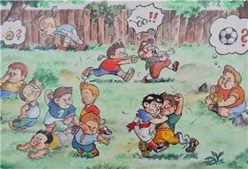 Hintergründig: Rieke Blendermanns comichaftes Aquarell "Ein legendäres Spiel" zeigt Kinder, die sich prügeln, und einen Jungen, der an Fußball denkt.