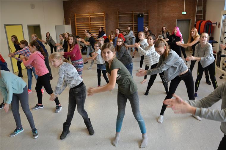 Flashmob in Zeven: Vor dem Rathaus wird heute getanzt Im St.-Viti-Gymnasium in Zeven fand auch eine Probe statt. Schon nach etwa einer halben Stunde haben die Schüler den Tanz drauf gehabt.