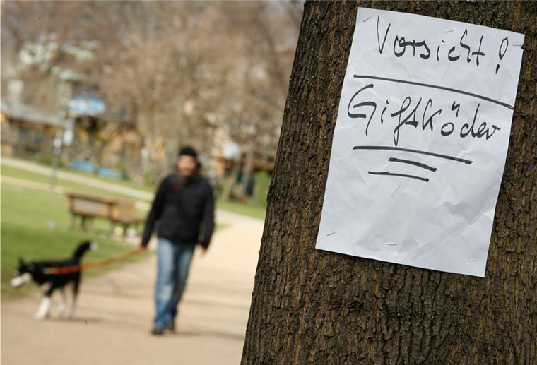 Ein Zettel warnt am 30.03.2012 in einem Park in Berlin vor ausgelegten Giftködern. 