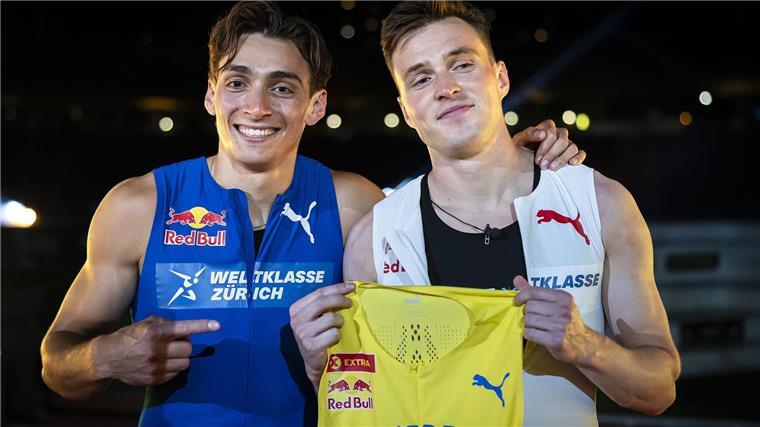 Kein Start im Schweden-Trikot: Warholm sagt verletzt ab In dem Show-Rennen über 100 Meter gewann Duplantis (l) am Mittwoch klar gegen Warholm.